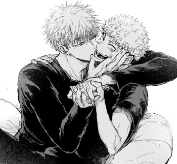 Rule 34 | 2boys, closed eyes, closed mouth, commentary request, gojou satoru, greyscale, hand on another's cheek, hand on another's face, happy, highres, holding hands, itadori yuuji, jujutsu kaisen, kiss, kissing cheek, long sleeves, male focus, monochrome, multiple boys, nay bb, open mouth, short hair, short sleeves, simple background, sitting, undercut, white background, yaoi