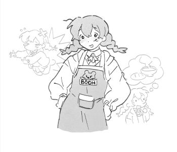 1girl apron braid bread collared_shirt commentary crossed_bandaids drooling english_commentary food gigantic_drive highres jacket low_twin_braids misaki_nanao multiple_views nyuunai open_mouth pleated_skirt shirt skirt smile speech_bubble thinking thought_bubble twin_braids