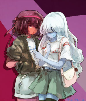2girls bag blue_skin casual clothes_writing colored_skin denim denim_shorts flafly hair_over_eyes handbag hands_in_pockets headband long_hair looking_at_viewer midriff multiple_girls navel red_eyes red_hair red_skin ruby_(steven_universe) sapphire_(steven_universe) shorts silver_hair single_eye skirt steven_universe thighhighs very_long_hair zettai_ryouiki