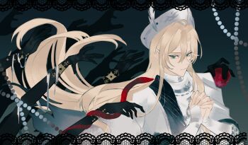 Rule 34 | 1boy, absurdres, alkaid mcgrath, alkaid mcgrath (god forsaken land), apple, beads, black border, black sash, blonde hair, blue background, border, bridal gauntlets, cape, chinese commentary, clerical collar, closed mouth, commentary request, curtained hair, expressionless, floating hair, food, fruit, gradient background, green eyes, hair between eyes, hat, hat feather, highres, holding, holding food, holding fruit, lace, lace border, letterboxed, long hair, long sleeves, looking at viewer, lovebrush chronicles, male focus, mitre, ornate border, own hands clasped, own hands together, praying, qiong xiang prayer, reaching, robe, sash, shadow hands, shoulder sash, sideways glance, snake, snake wrapped around arm, solo, surrounded by hands, upper body, very long hair, white bridal gauntlets, white cape, white hat, white robe