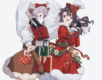 Rule 34 | 2girls, animal costume, animal ear hairband, animal ears, antlers, bell, bell earrings, black hair, bow, box, brown eyes, christmas, closed mouth, commentary, cowboy shot, deer ears, dress, earrings, elbow gloves, fake animal ears, fur-trimmed dress, fur-trimmed gloves, fur trim, gift, gift box, gloves, green ribbon, grey hair, hair bow, hairband, holding, holding gift, holding sack, horns, idolmaster, idolmaster million live!, idolmaster million live! theater days, jewelry, jingle bell, long hair, long sleeves, looking at another, makabe mizuki, mistletoe, multiple girls, nfmmpx zfmmpx, open mouth, puffy short sleeves, puffy sleeves, red bow, red eyes, red ribbon, reindeer antlers, reindeer costume, ribbon, sack, santa costume, santa dress, short hair, short sleeves, sidelocks, smile, symbol-only commentary, takayama sayoko, white background