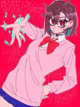 1girl ayase_momo black_choker blue_skirt bow bowtie breasts brown_hair choker collared_shirt commentary_request copyright_name cowboy_shot crossed_bangs dandadan earrings hair_between_eyes hand_on_own_hip highres jewelry looking_at_viewer medium_breasts outstretched_hand parted_lips pink_sweater pleated_skirt red_background red_bow red_bowtie red_eyes school_uniform shirt shirt_under_sweater short_hair skirt solo sparkle sweater uap_dnddn white_shirt