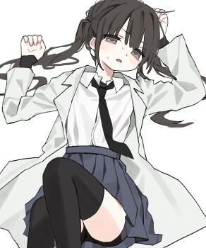 1girl absurdres black_necktie black_thighhighs brown_eyes brown_hair coat collared_shirt feet_out_of_frame grey_skirt highres juumou_(c5buf) long_hair long_sleeves looking_at_viewer lying miniskirt necktie on_back open_clothes open_coat original parted_lips pleated_skirt shirt simple_background skirt solo sweat thighhighs twintails white_background white_coat white_shirt
