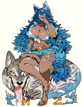 1girl 1other animal animal_ears belt black_belt black_choker black_nails blue_hair blue_nails blue_shorts bone breasts buckle bursting_breasts choker cleavage curvy dark_skin denim denim_shorts drooling fangs finger_in_own_mouth fingernails front-tie_top gold_buckle grey_wolf high_heel_sandals high_heels jewelry kafun large_breasts long_fingernails long_hair looking_at_viewer micro_shorts midriff mole mole_under_eye mountain mouth_pull multicolored_belt nail_polish navel open_mouth orange_belt orange_sandals original saliva saliva_on_breasts sandals shiny_skin shirt short_shorts shorts sitting skindentation sleeves_pushed_up spiked_hair teeth thick_thighs thigh_belt thigh_strap thighs toenail_polish toenails tongue tongue_out torn_clothes torn_shorts upper_teeth_only white_background white_shirt white_sleeves wolf wolf_ears wolf_girl yellow_eyes
