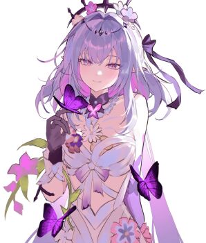 1girl bare_shoulders black_tiara breasts bug butterfly butterfly_on_hand castorice_(honkai:_star_rail) dodosaae dress flower gloves hair_flower hair_ornament highres honkai:_star_rail honkai_(series) insect large_breasts long_hair looking_at_viewer pointy_ears purple_eyes purple_gloves purple_hair simple_background smile solo tiara very_long_hair white_background white_dress