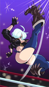 1girl absurdres angel_(kof) ass blue_eyes boots breasts curvy female_focus gloves guolfo highres huge_ass huge_breasts jacket jewelry latex leather leather_gloves pale_skin ring short_hair stage the_king_of_fighters thick_thighs thighs white_hair wide_hips
