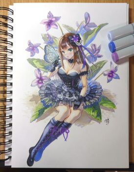 1girl art_tools_in_frame black_boots black_dress boots bow breasts brown_hair bug butterfly cleavage commentary_request dress flower full_body hair_bow highres idolmaster insect knee_boots lace-up_boots long_hair marker_(medium) namagai_cos shibuya_rin sitting solo traditional_media