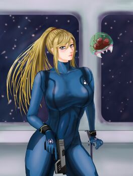 1girl absurdres armor blonde_hair blue_armor blue_eyes blurry blurry_background bodysuit breasts depth_of_field gun hairband handgun highres large_breasts leeyujin2501 long_hair metroid nintendo ponytail red_hairband red_lips samus_aran space spacecraft standing weapon zero_suit