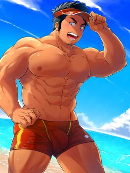 Rule 34 | 1boy, abs, bara, bare pectorals, beach, black hair, bulge, commentary request, cowboy shot, day, facial hair, flaccid, hand on own hip, highres, large pectorals, lifeguard, long sideburns, looking at viewer, male focus, male swimwear, mature male, muscular, muscular male, navel, nipples, ocean, original, paid reward available, pectorals, red headwear, red male swimwear, short hair, sideburns, smile, solo, stomach, stubble, swim trunks, tepen (tptptpn), thick thighs, thighs, topless male, wet
