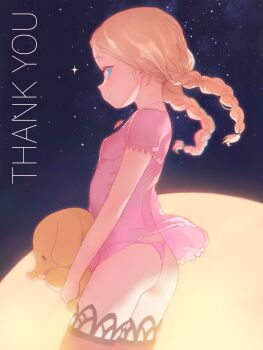1girl ass baraag blonde_hair blue_eyes borrowed_character breasts closed_mouth commentary cowboy_shot dress english_commentary floating_hair from_behind from_side gift_art highres holding linnea_(baraag) loli looking_at_viewer looking_back looking_to_the_side nipples original panties pink_dress pink_panties puffy_short_sleeves puffy_sleeves pumpkinspicelatte see-through_clothes see-through_dress short_dress short_sleeves sideways_glance sky small_breasts smile solo standing star_(sky) starry_sky stuffed_elephant thank_you thighhighs thong twintails underwear