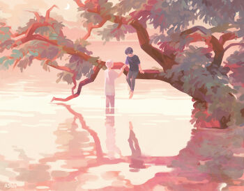 2boys bilingual_commentary black_hair commentary crescent_moon driftwoodwolf english_commentary green_shirt holding_hands male_focus mixed-language_commentary moon multiple_boys original pants reflection scenery shirt sunset tree