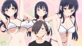 1boy 1girl armpits arms_up bikini black_hair black_shirt blue_eyes blush boku_no_kokoro_no_yabai_yatsu breasts brown_eyes brown_hair front-tie_bikini_top front-tie_top hair_over_one_eye highres ichikawa_kyoutarou keihh large_breasts leaning_forward long_hair navel shirt short_hair side-tie_bikini_bottom smile stomach string_bikini swimsuit v_arms white_bikini yamada_anna