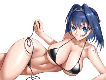 1girl alternate_costume armpits bikini black_bikini blue_eyes blue_hair blush breasts chain chain_headband cleavage collarbone colored_inner_hair commentary earrings english_commentary fang groin hair_intakes halterneck highleg highleg_bikini highres hololive hololive_english jewelry large_breasts looking_at_viewer lying multicolored_hair navel o-ring o-ring_bikini ouro_kronii parted_lips shiny_skin short_hair sideboob sidelocks simple_background skin_fang skindentation skylock smile solo stomach string_bikini swimsuit thighs underboob virtual_youtuber white_background wide_hips