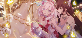 absurdres air_bubble bare_shoulders beret breasts brown_hair bubble bug butterfly carousel chinese_commentary cleavage commentary_request diamond-shaped_pupils diamond_(shape) dress earrings eden_(honkai_impact) elf elysia_(hi_love_elf)_(honkai_impact) elysia_(honkai_impact) gloves hat heart heart_earrings highres honkai_(series) honkai_impact_3rd insect jewelry large_breasts long_hair m78_zaitaoaotezhanshi multicolored_hair pink_hair pointy_ears purple_eyes red_dress smile symbol-shaped_pupils two-tone_hair very_long_hair white_dress white_gloves white_hair yellow_eyes