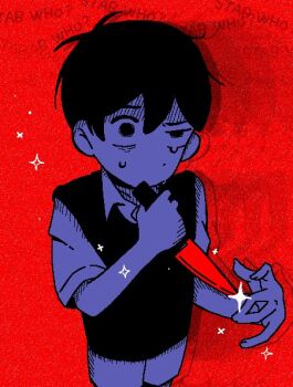 Rule 34 | 1boy, black hair, black sweater vest, collared shirt, crying, crying with eyes open, double-parted bangs, english text, hair between eyes, holding, holding knife, knife, limited palette, looking at viewer, male focus, namara074, no mouth, omori, red background, shirt, short hair, short sleeves, shorts, solo, sunny (omori), sweater vest, tears