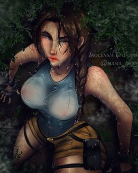 annoyed blue_tank_top braid breasts brown_eyes brown_hair covered_erect_nipples foliage from_above frown hot i-ledford jungle lara_croft large_breasts lips looking_at_viewer looking_up nature rainforest see-through_clothes see-through_shirt shadow shirt shorts sleeveless steam summer sweat tank_top thighs tomb_raider wet wet_clothes wet_hair
