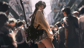 1girl 6+others backpack bag black_hair city commentary_request crowd cutoffs earrings electric_guitar from_behind guitar hat highres instrument jewelry lips long_hair looking_at_viewer multiple_others original outdoors short_hair shorts solo_focus watermark web_address wlop