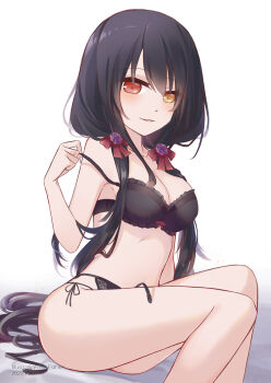 1girl black_bra black_garter_belt black_hair blush bra breasts cleavage clock clock_eyes date_a_live dated esther_0418 garter_belt heterochromia highres long_hair looking_at_viewer low_twintails medium_breasts open_mouth photoshop_(medium) red_eyes roman_numeral sitting smile solo strap symbol-shaped_pupils tokisaki_kurumi twintails underwear yellow_eyes