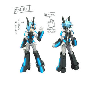 1boy armor azure_striker_gunvolt azure_striker_gunvolt_1 black_armor black_boots black_sclera blue_eyes blue_hair bodysuit boots colored_sclera commentary_request concept_art from_behind grey_bodysuit hair_over_one_eye horns merak_(gunvolt) multiple_views official_art reference_sheet short_hair simple_background spiked_hair standing translation_request white_background