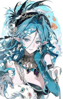 1girl aqua_eyes aqua_hair bare_shoulders breasts cleavage detached_sleeves dress earrings feathers fish gloves hat hat_feather hat_ornament highres jewelry long_hair looking_at_viewer medium_breasts necklace original owowowo555 pearl_necklace pointy_ears smile solo white_background
