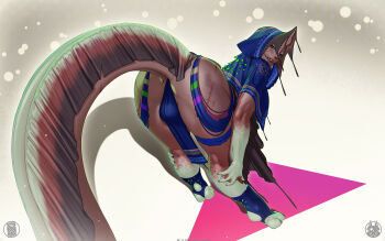 1girl animal_feet artist_logo bulge colored_extremities colored_skin commentary dated english_commentary futanari highres hood hood_up logo monster_girl original scar scar_on_leg sharp_teeth solo tail teeth testicles themaestronoob very_long_tail webbed_hands