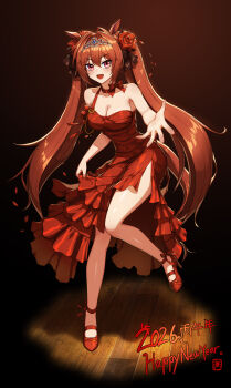 1girl 2026 absurdres animal_ears bare_shoulders blush bow breasts brown_hair choker cleavage daiwa_scarlet_(umamusume) dress flower hair_between_eyes hair_intakes happy_new_year highres horse_ears horse_girl horse_tail large_breasts long_hair looking_at_viewer mistcastle new_year open_mouth reaching reaching_towards_viewer red_bow red_choker red_dress red_eyes shoes single-shoulder_dress smile solo tail tiara twintails umamusume very_long_hair wooden_floor