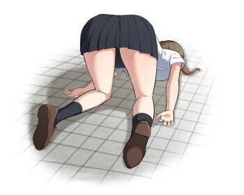 1girl ass brown_hair defeat fainted fainting highres kirimoto_maika_(mzdog) kokuhaku_game mzdog on_ground punching red_eyes school_uniform simple_background sleeping solo solo_focus stomach_punch top-down_bottom-up unconscious