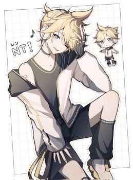 1boy ;d ahoge art_waven black_choker black_gloves black_hood black_shirt black_shorts black_socks blonde_hair border character_name choker chromatic_aberration collarbone commentary cowboy_shot film_grain fingerless_gloves gloves grey_eyes grid_background hand_on_own_head hand_on_own_thigh headphones highres hood hood_down hooded_jacket invisible_chair jacket kagamine_len kagamine_len_(nt) knee_up kneehighs long_sleeves looking_at_viewer loose_socks lower_teeth_only male_focus musical_note nail_polish number_tattoo one_eye_closed open_clothes open_jacket open_mouth outline outside_border ponytail puffy_long_sleeves puffy_sleeves ribbed_gloves shirt short_hair short_ponytail shorts shoulder_tattoo simple_background single_bare_shoulder sitting sleeveless sleeveless_shirt smile socks solo tattoo teeth tongue vocaloid white_background white_border white_jacket white_outline yellow_nails