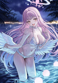 1girl absurdres angel_wings ariko_(aaaaarik) bikini bikini_skirt blue_archive breasts choker feathered_wings halo highres large_breasts long_hair looking_at_viewer mika_(blue_archive) mika_(swimsuit)_(blue_archive) navel night official_alternate_costume open_mouth pink_hair pink_halo solo stomach swimsuit wading white_bikini white_choker white_wings wings yellow_eyes