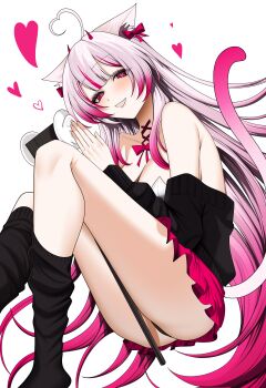 1girl absurdres ahoge animal_ear_fluff animal_ears between_thighs binaural_microphone black_socks bow breasts commentary_request commission gradient_hair hair_bow heart heart-shaped_pupils highres horns indie_virtual_youtuber kie_kyoko long_hair microphone mole mole_under_eye multicolored_hair pink_bow pink_eyes pink_hair pink_horns skeb_commission smile socks solo streaked_hair symbol-shaped_pupils virtual_youtuber ymr_yamero