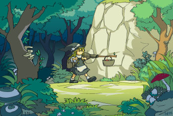 1girl apron backpack bag black_eyes black_hat black_shoes black_skirt black_vest blonde_hair bow braid broom brown_bag bucket bush buttons cliff closed_mouth commentary_request day doggo_1d34 expressionless forest frilled_apron frilled_skirt frills full_body grass hair_between_eyes hat hat_bow highres holding holding_leash kirisame_marisa leash long_hair long_sleeves looking_ahead medium_skirt mushroom nature outdoors scenery shirt shoes single_braid skirt skirt_set socks solid_oval_eyes solo touhou turtleneck turtleneck_shirt vest waist_apron walking white_apron white_bow white_shirt white_socks wide_shot witch_hat