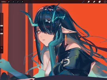 Rule 34 | 1girl, arknights, art program in frame, black hair, colored skin, dragon girl, dragon horns, dusk (arknights), earrings, green horns, green skin, hair over one eye, highres, horns, jewelry, kaido jun, long hair, pointy ears, red eyes, solo, tassel, tassel earrings