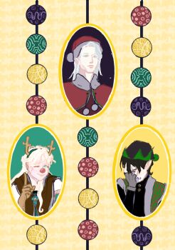 Rule 34 | 1girl, 2boys, ;), alternate costume, antlers, blonde hair, blue eyes, broken sword (shadow slave), brown gloves, character request, christmas ornaments, curtained hair, elf hat, facepalm, fingerless gloves, gloves, grey eyes, grey gloves, hand up, hat, highres, horns, long hair, multiple boys, one eye closed, oval, pennynickledime, pointy ears, portrait (object), reindeer antlers, santa hat, shadow slave, smile, smile of heaven, upper body, white hair