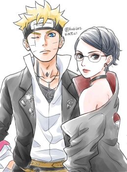 Rule 34 | 1boy, 1girl, bare shoulders, belt, black choker, black eyes, black hair, black jacket, blonde hair, blue eyes, boruto: two blue vortex, brown belt, choker, commentary, corrupted twitter file, earrings, forehead protector, frown, glasses, hand in pocket, headband, highres, jacket, jewelry, konohagakure symbol, matsu (fu6ide2), naruto (series), necklace, off shoulder, one eye closed, red lips, scar, scar across eye, scar on face, short hair, twitter username, uchiha sarada, uchiha symbol, uzumaki boruto