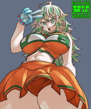1girl artist_logo artist_name blue_gloves boku_no_hero_academia breasts cheerleader cropped_shirt female_focus gloves green_eyes green_hair hagakure_toru large_breasts logo looking_at_viewer matching_hair/eyes messy_hair multicolored_hair orange_shirt orange_skirt pleated_skirt shirt shosho_oekaki skirt solo streaked_hair u.a._cheerleader_uniform v watermark