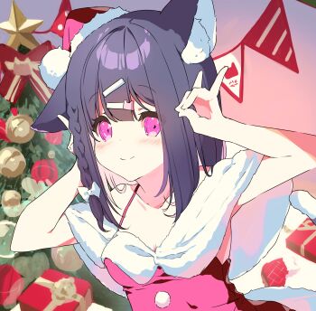 1girl absurdres animal_ear_fluff animal_ears arms_up bare_shoulders black_hair bow braid closed_mouth collarbone commentary_request double_fox_shadow_puppet dress fox_shadow_puppet fur-trimmed_headwear fur_trim hair_bow hair_ornament hairclip hat highres looking_at_viewer multicolored_hair one_ear_down original p19 pennant pink_hair purple_dress purple_eyes red_hat santa_costume santa_hat smile solo string_of_flags tilted_headwear two-tone_hair upper_body white_bow