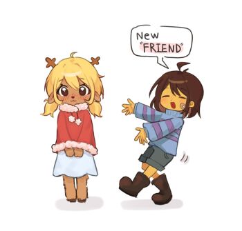1girl 1other animal_ears antlers bandaid bandaid_on_face blonde_hair boots brown_boots brown_hair commentary deer_antlers deer_ears deer_girl deltarunelv double_horizontal_stripe english_commentary english_text frisk_(undertale) fur-trimmed_sweater fur_trim furry furry_female grey_shorts horns long_hair low_twintails noelle_holiday open_mouth red_sweater shorts skirt speech_bubble striped_clothes striped_sweater sweater twintails undertale utdr_(toby_fox) v_arms white_skirt