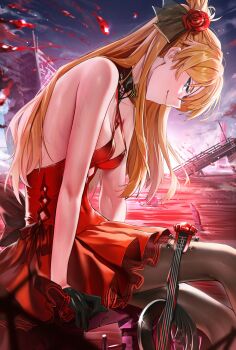 Rule 34 | 1girl, absurdres, armpit crease, backless dress, backless outfit, bare shoulders, black choker, black gloves, blue eyes, bow, breasts, brown pantyhose, choker, cleavage, closed mouth, commentary, covered navel, cowboy shot, criss-cross halter, crossover, day, dilapidated, dress, dress bow, english commentary, flower, from side, gloves, goddess of victory: nikke, hair flower, hair ornament, half gloves, halter dress, halterneck, hand rest, highres, instrument, lcl, leaning forward, lens flare, light smile, long hair, looking at viewer, looking to the side, medium breasts, neon genesis evangelion, official alternate costume, orange hair, outdoors, pantyhose, red dress, red flower, red ocean, rose, sideboob, sitting, sky, sleeveless, sleeveless dress, solo, souryuu asuka langley, souryuu asuka langley (ocean's lament), sunlight, sweat, two side up, violin, waligner