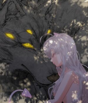 1girl bedge black_fur black_wolf_(degrees_of_lewdity) closed_eyes degrees_of_lewdity demon_tail extra_eyes horns long_hair mixed-language_commentary nude pink_horns pink_tail player_character_(degrees_of_lewdity) player_character_(female)_(degrees_of_lewdity) tail white_hair wolf yellow_eyes