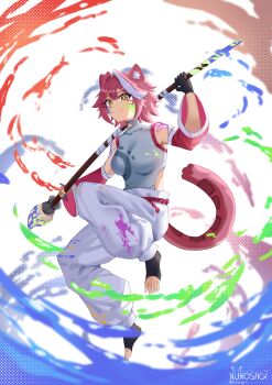 Rule 34 | 1girl, absurdres, alternate costume, alternate hair length, alternate hairstyle, animal ears, artist name, black gloves, breasts, detached sleeves, facial mark, fang, feet, gloves, highres, hololive, hololive english, large breasts, long sleeves, looking at viewer, multicolored hair, paint splatter, paintbrush, panther ears, panther girl, panther tail, pants, pink hair, pyrokuro, raora panthera, short hair, single glove, skin fang, smile, solo, streaked hair, tail, toeless legwear, toes, virtual youtuber, white background, white hair, white pants, yellow eyes