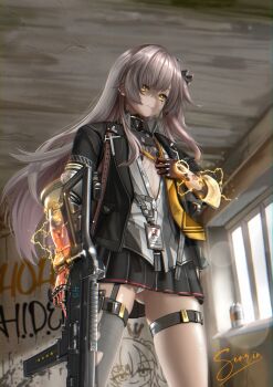 1girl absurdres archillathefox black_jacket black_skirt black_thighhighs brown_hair closed_mouth collared_shirt commentary covenant_halo_(girls&#039;_frontline_2) electricity english_commentary girls&#039;_frontline girls&#039;_frontline_2:_exilium graffiti gun h&amp;k_ump handgun highres holding holding_gun holding_weapon holster id_card indoors jacket leva_(girls&#039;_frontline_2) long_hair looking_at_viewer mechanical_arms necktie panties pantyshot partially_unbuttoned pleated_skirt prosthesis prosthetic_arm scar scar_across_eye scar_on_face shirt short_hair shoulder_holster single_mechanical_arm single_thighhigh skirt solo submachine_gun thighhighs torn_clothes torn_thighhighs trigger_discipline ump45_(girls&#039;_frontline) underwear very_short_hair weapon white_panties white_shirt yellow_eyes