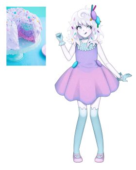 1girl :p aqua_choker aqua_eyes aqua_gloves aqua_thighhighs buttons cake choker colored_skin colored_tongue dress food full_body gallaxi gloves hair_ornament original personification pink_sandals purple_dress purple_tongue reference_inset reference_photo sandals short_hair simple_background solo sprinkles thighhighs tongue tongue_out white_background white_hair white_skin