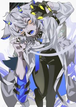 1boy absurdres animal_ears bandages bishounen black_bandages black_gloves black_nails black_pants black_shoes blue_eyes blue_tongue collar colored_tongue commission demon_boy demon_horns double-parted_bangs fishnets gao gloves highres hiramaru horns indie_virtual_youtuber jacket one_eye_closed open_clothes open_jacket pale_skin pants senz_(third_costume) senz_(vtuber) sharp_nails shoes solo spiked_collar spikes tail undershirt virtual_youtuber white_hair wolf_boy wolf_cut wolf_ears wolf_tail