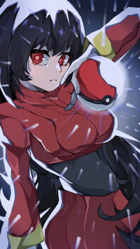 1girl arm_up black_hair blunt_bangs bodysuit bodysuit_under_clothes breasts commentary_request cropped_jacket gloves highres holding holding_poke_ball jacket long_hair long_sleeves medium_breasts miniskirt nintendo pencil_skirt poke_ball poke_ball_(basic) pokemon pokemon_frlg red_eyes red_jacket red_skirt sabrina_(pokemon) side_slit sido_works skirt solo straight_hair turtleneck turtleneck_jacket upper_body white_gloves