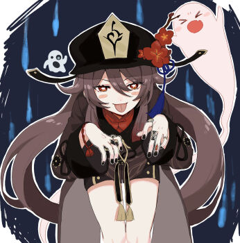 &gt;:p &gt;_&lt; 1girl :o abstract_background arms_up bare_legs black_hat black_nails black_shirt black_shorts blue_background blush brown_hair commentary emoji fang feet_out_of_frame flipped_hair flower flower-shaped_pupils genshin_impact ghost ghost_pose hair_between_eyes hat hat_flower highres hu_tao_(genshin_impact) jewelry long_hair long_sleeves multiple_rings nail_polish o/ outstretched_arms plum_blossoms red_eyes ring shirt shorts skin_fang solo squatting sushi_171 symbol-shaped_pupils thumb_ring tongue tongue_out