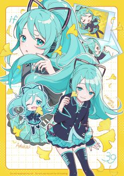 1girl aqua_eyes aqua_hair aqua_nails aqua_skirt aqua_trim ashika_(yftcc948) black_ribbon black_shirt blush character_name closed_mouth collared_shirt commentary_request hair_between_eyes hair_ornament hair_ribbon hatsune_miku hatsune_miku_(if) headset heart heart_hands highres long_hair long_sleeves looking_at_viewer official_alternate_costume official_alternate_hairstyle one_eye_closed open_mouth pleated_skirt ponytail ribbon shirt skirt smile very_long_hair vocaloid wide_sleeves