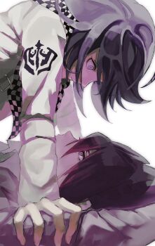 Rule 34 | 2boys, arm belt, black hair, checkered clothes, checkered scarf, closed mouth, commentary, danganronpa (series), danganronpa v3: killing harmony, flipped hair, from side, hair between eyes, hand on another's arm, highres, long sleeves, male focus, momota kaito, multiple boys, oma kokichi, pale skin, pinned, profile, purple eyes, purple hair, purple theme, sato dn, scarf, serious, shirt, short hair, simple background, spiked hair, two-tone scarf, white background, white shirt, wide-eyed