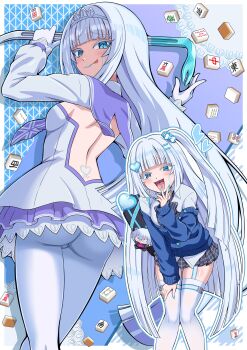 2girls absurdres ass backless_dress backless_outfit bag bag_charm black_bow blue_cardigan blue_eyes blue_nails blush bow breasts cardigan character_charm character_request charm_(object) closed_eyes collared_shirt commentary_request commission copyright_request crowbar dress garter_straps gloves grey_hair hair_ornament hair_scrunchie hairclip heart heart_hair_ornament highres holding holding_crowbar large_breasts leaning_forward long_hair long_sleeves looking_at_viewer looking_back mahjong mahjong_tile multiple_girls open_mouth pantyhose pleated_skirt pokemoa purple_sailor_collar sailor_collar scrunchie shirt shoulder_bag skeb_commission skirt smile thighhighs tiara tongue tongue_out very_long_hair white_dress white_gloves white_pantyhose white_shirt white_thighhighs