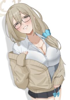 1girl akane_(blue_archive) akane_(school_uniform)_(blue_archive) black_skirt blue_archive blush bow bowtie breasts brown_cardigan brown_eyes brown_hair brown_halo cardigan cleavage collarbone glasses grin hair_between_eyes halo highres large_breasts long_hair looking_at_viewer nagomu_7_56 plait shirt skirt smile solo unworn_bowtie white_shirt