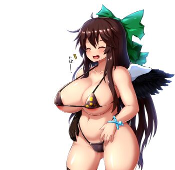 1girl areola_slip belly bikini bird_wings black_bikini black_gloves black_wings blush bow bracelet breasts brown_eyes brown_hair cape commentary_request gloves green_bow hair_bow happy highleg highleg_bikini highres jewelry large_breasts long_hair navel peso_(cheese_company) plump radiation_symbol reiuji_utsuho shirt simple_background single_glove solo stomach swimsuit third_eye touhou white_background white_cape white_shirt wings